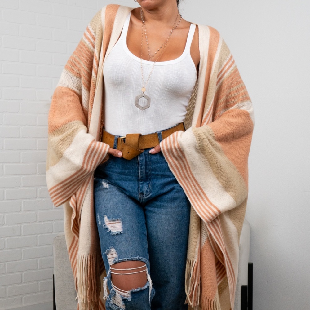 Brianna Striped Frayed Edge Ruana - Peach